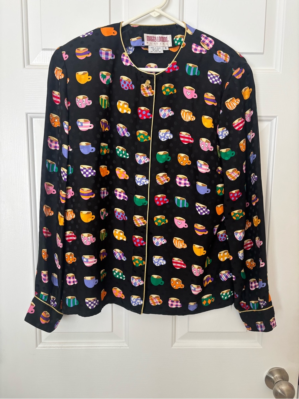 Maggy London Black 100% Silk Blouse Teacup Print Size 6